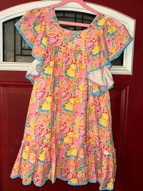 cheeky plum Pink Floral Girls' Dress with Yellow & Blue Accents